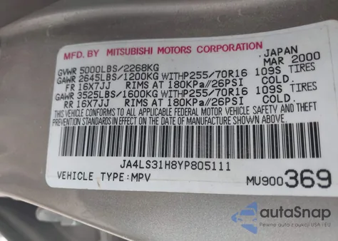 2000 Mitsubishi Montero Sport Ls/Xls z USA, uszkodzony, nr VIN JA4LS31H8YP805111